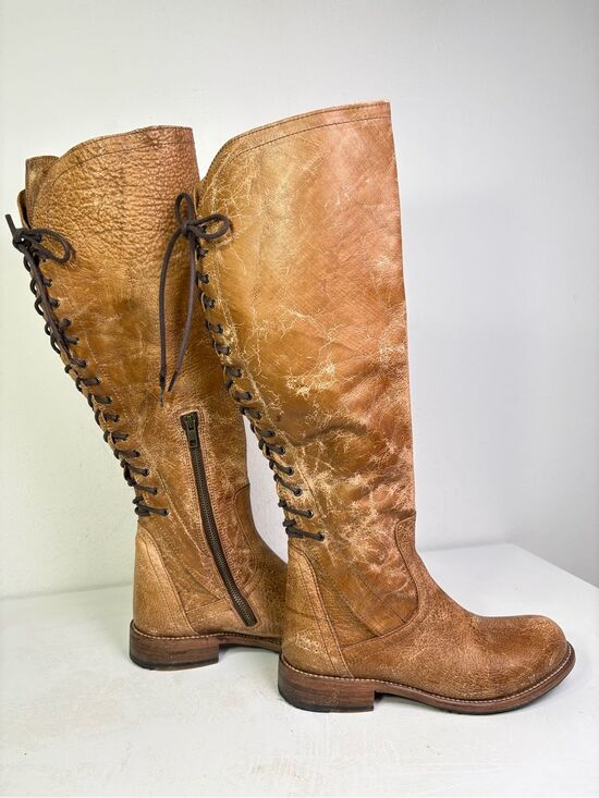 Bed Stu Shoes - BED STU Surrey Tall Leather Lace Up Corset Boot Caramel Sz 9.5